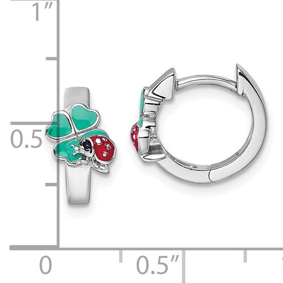"Sterling Silver Rhodium-plated Children's Green, Red and Black Enamel Ladybug 4-Leaf Clover Hinged Hoop Earrings"