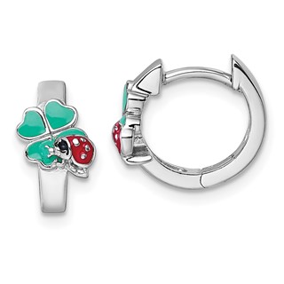 "Sterling Silver Rhodium-plated Children's Green, Red and Black Enamel Ladybug 4-Leaf Clover Hinged Hoop Earrings"