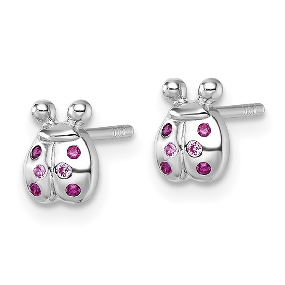 Sterling Silver Rhodium-plated Polished Pink And Red CZ Lady Bug Post Earrings