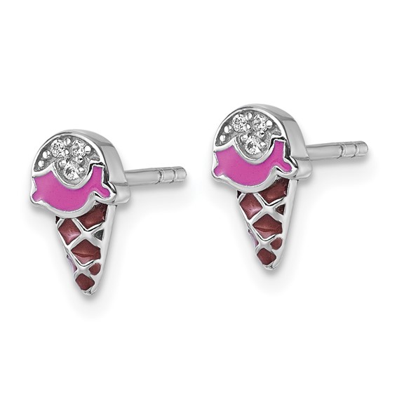 Sterling Silver Rhodium-plated Children's Pink and Brown Enamel with CZ Ice Cream Cone Post Earrings