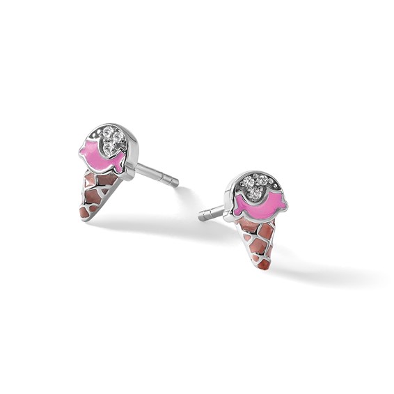 Sterling Silver Rhodium-plated Children's Pink and Brown Enamel with CZ Ice Cream Cone Post Earrings