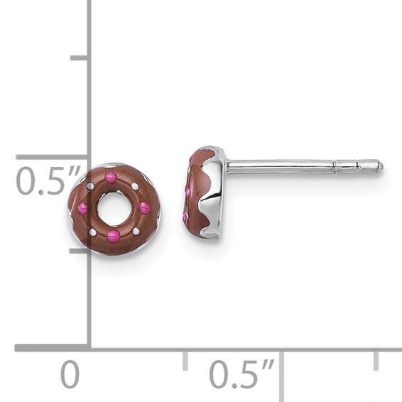 Sterling Silver Rhodium-plated Children's Brown with Pink and White Enamel Sprinkled Donut Post Earrings