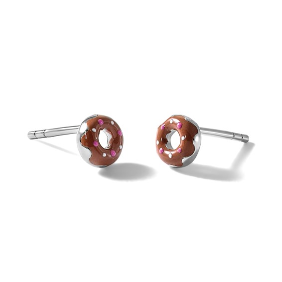 Sterling Silver Rhodium-plated Children's Brown with Pink and White Enamel Sprinkled Donut Post Earrings