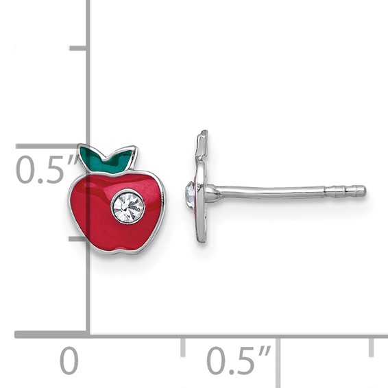 Sterling Silver Madi K Rhodium-plated Enameled Red Apple with Crystal Childrens Post Earrings