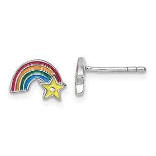 Sterling Silver Rhodium-plated Children's Multicolor Enamel Rainbow with Star Post Earrings