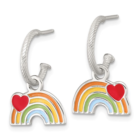 Sterling Silver Polished Grooved Enameled Heart on Rainbow Dangle Childrens C-Hoop Post Earrings