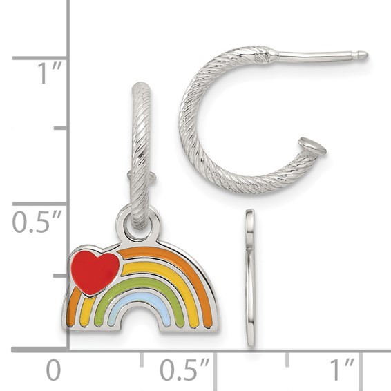 Sterling Silver Polished Grooved Enameled Heart on Rainbow Dangle Childrens C-Hoop Post Earrings