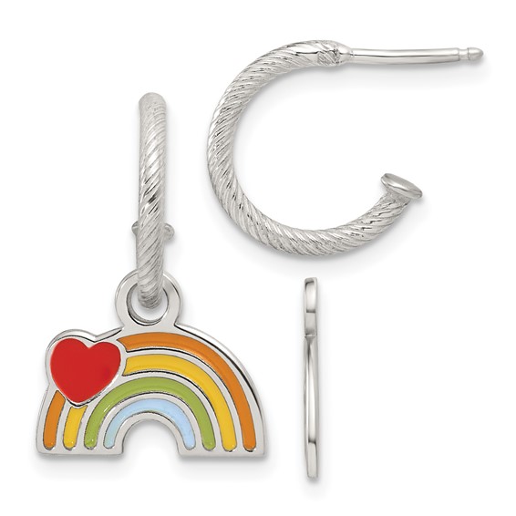 Sterling Silver Polished Grooved Enameled Heart on Rainbow Dangle Childrens C-Hoop Post Earrings