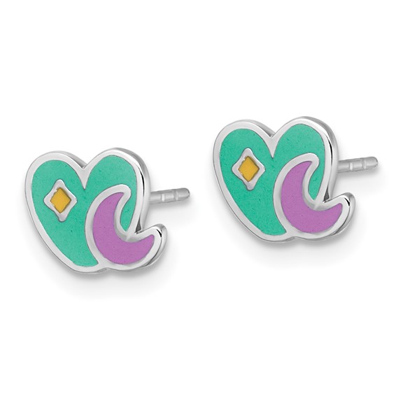 Sterling Silver Rhodium-plated Polished Green/Pink/Yellow Enamel Heart And Moon Childrens Post Earrings