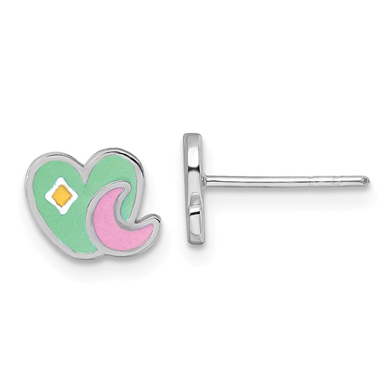 Sterling Silver Rhodium-plated Polished Green/Pink/Yellow Enamel Heart And Moon Childrens Post Earrings