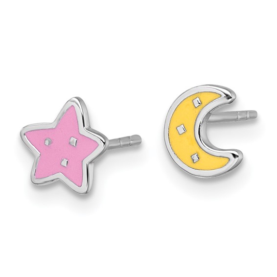 Sterling Silver Rhodium-plated Polished Pink and Yellow Enamel Moon and Star Mismatched Childrens Post Earrings