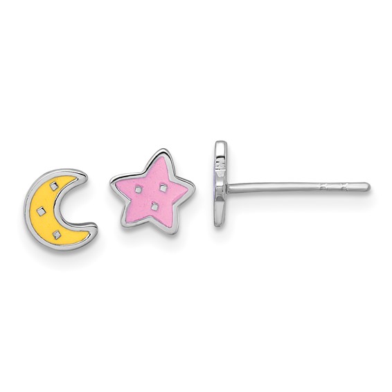 Sterling Silver Rhodium-plated Polished Pink and Yellow Enamel Moon and Star Mismatched Childrens Post Earrings