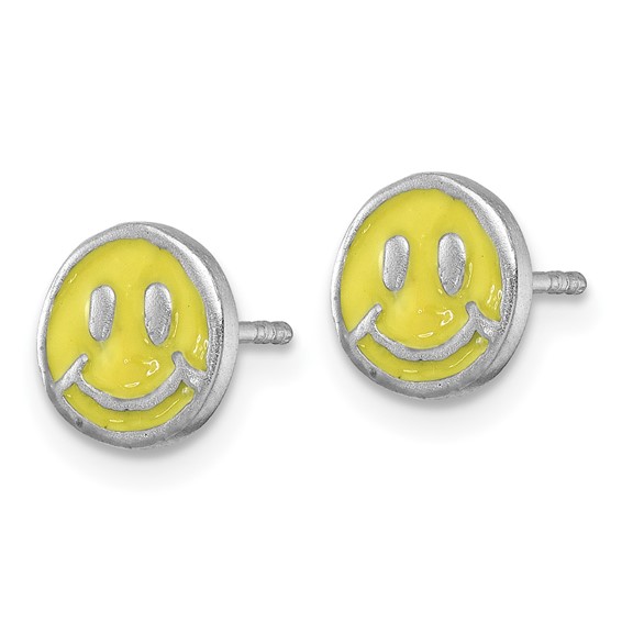 Sterling Silver Madi K Rhodium-plated Enameled Yellow Smiley Face Childrens Post Earrings
