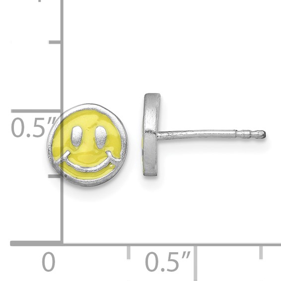 Sterling Silver Madi K Rhodium-plated Enameled Yellow Smiley Face Childrens Post Earrings