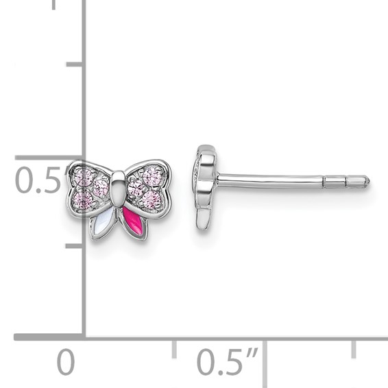 Sterling Silver Rhodium-plated Children's Pink CZ with Pink and White Enamel Bow Post Earrings