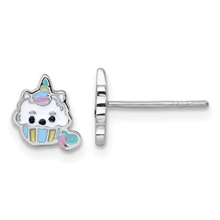 Sterling Silver Rhodium-plated Polished White and Rainbow Enamel Unicorn Cupcake Childrens Post Earrings