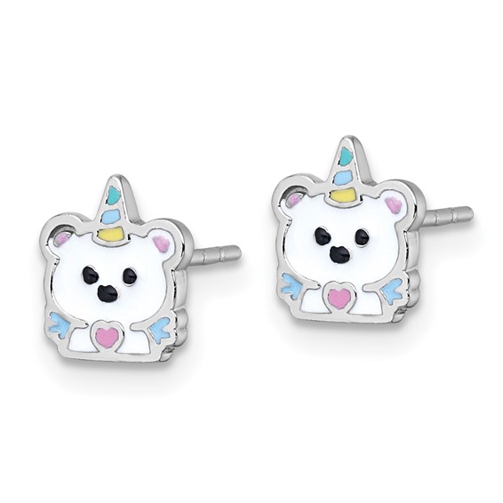 Sterling Silver Rhodium-plated Polished White and Rainbow Enamel Unicorn Polar Bear Childrens Post Earrings
