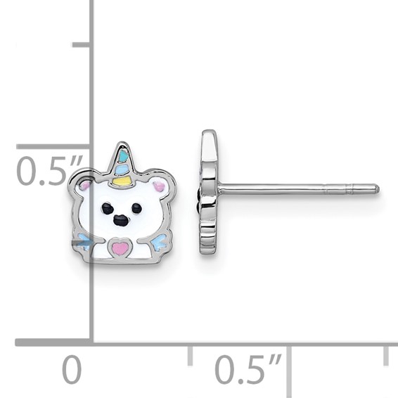 Sterling Silver Rhodium-plated Polished White and Rainbow Enamel Unicorn Polar Bear Childrens Post Earrings