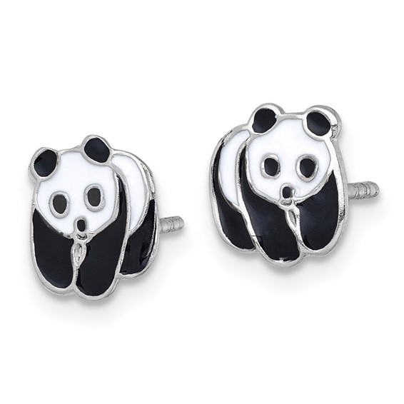 Sterling Silver Madi K Rhodium-plated Enameled Black And White Panda Childrens Post Earrings
