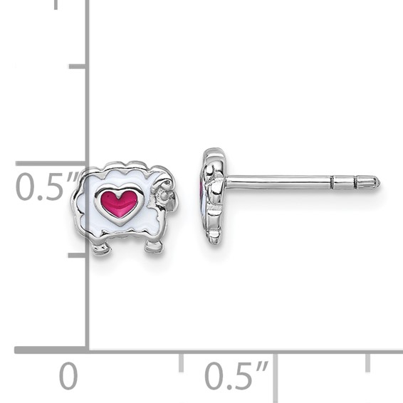 Sterling Silver Rhodium-plated Children's White and Pink Enamel Sheep with Heart Post Earrings