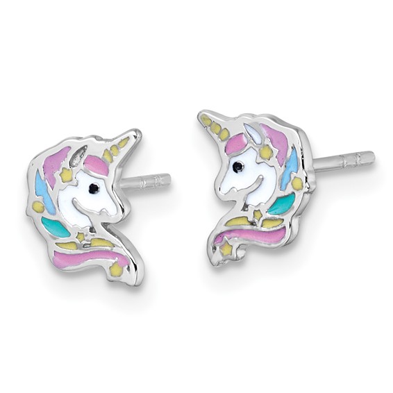 Sterling Silver Rhodium-plated Polished White and Rainbow Enamel Unicorn Head Childrens Post Earrings