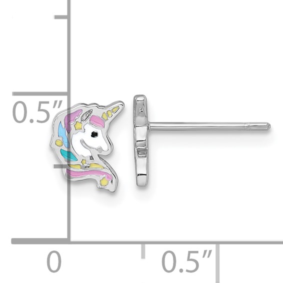 Sterling Silver Rhodium-plated Polished White and Rainbow Enamel Unicorn Head Childrens Post Earrings