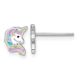 Sterling Silver Rhodium-plated Polished White and Rainbow Enamel Unicorn Head Childrens Post Earrings