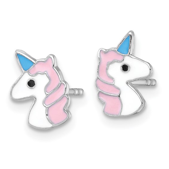 Sterling Silver Madi K Rhodium-plated Enameled Unicorn Childrens Post Earrings