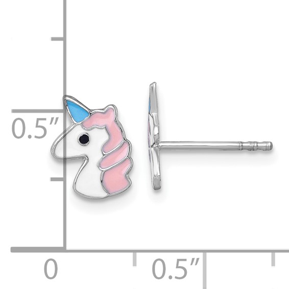 Sterling Silver Madi K Rhodium-plated Enameled Unicorn Childrens Post Earrings