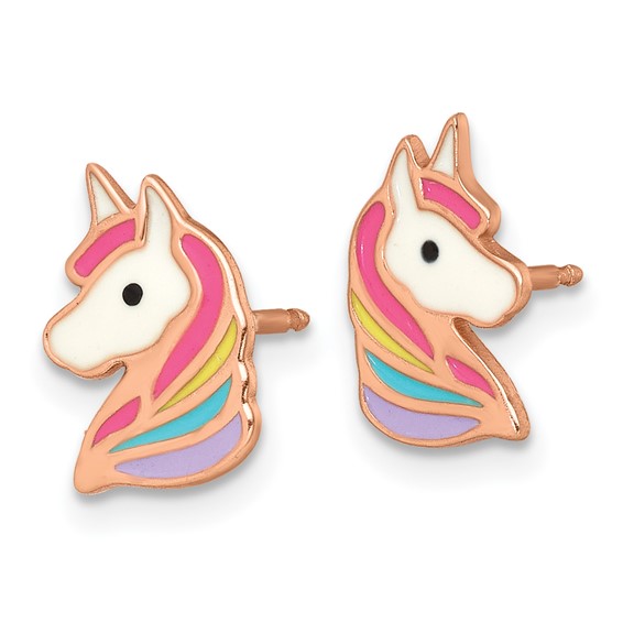 Sterling Silver Rose-tone Polished White and Rainbow Enameled Unicorn Childrens Post Earrings