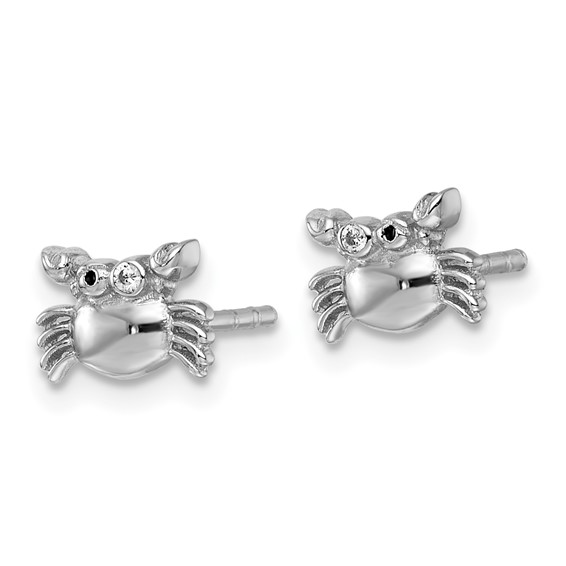 Sterling Silver Rhodium-plated Polished Black Enamel and White CZ Crab Childrens Post Earrings