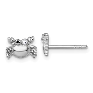 Sterling Silver Rhodium-plated Polished Black Enamel and White CZ Crab Childrens Post Earrings