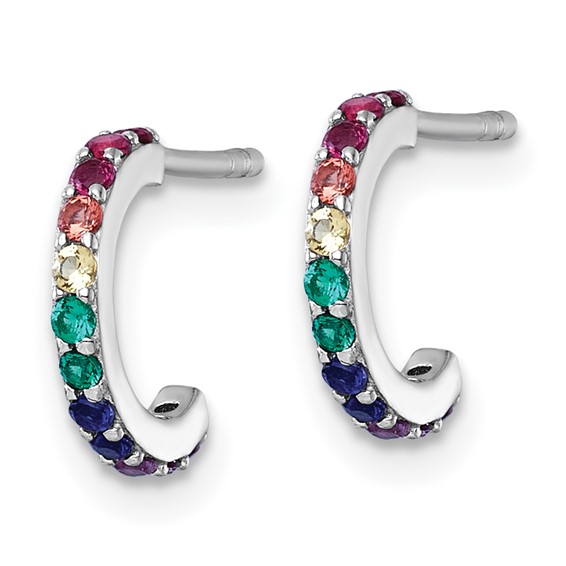 Sterling Silver Rhodium-plated Polished Rainbow Nano Crystals Childrens J-Hoop Post Earrings