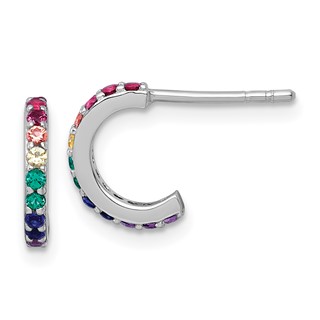 Sterling Silver Rhodium-plated Polished Rainbow Nano Crystals Childrens J-Hoop Post Earrings