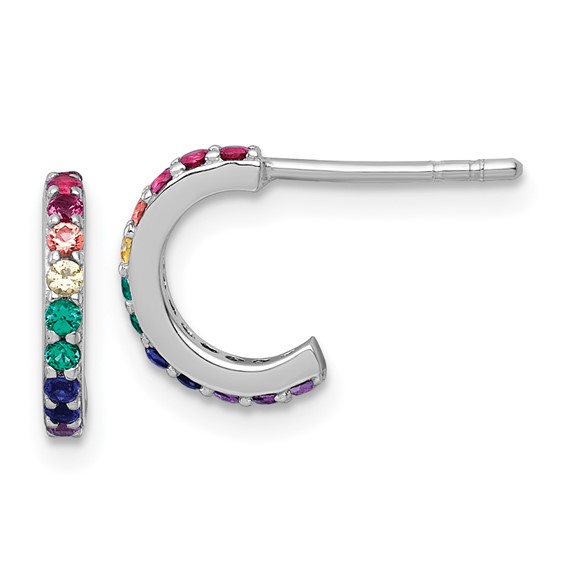 Sterling Silver Rhodium-plated Polished Rainbow Nano Crystals Childrens J-Hoop Post Earrings
