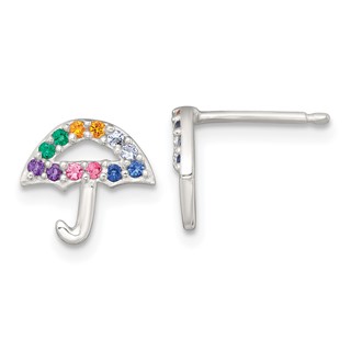 Sterling Silver Polished Multi-color Nano Crystals Umbrella Childrens Post Earrings