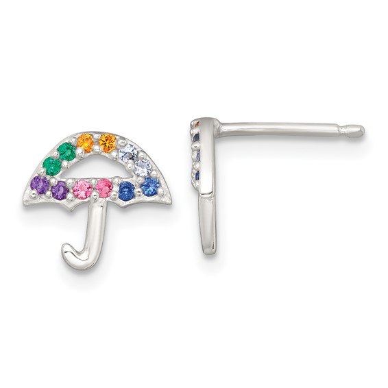 Sterling Silver Polished Multi-color Nano Crystals Umbrella Childrens Post Earrings