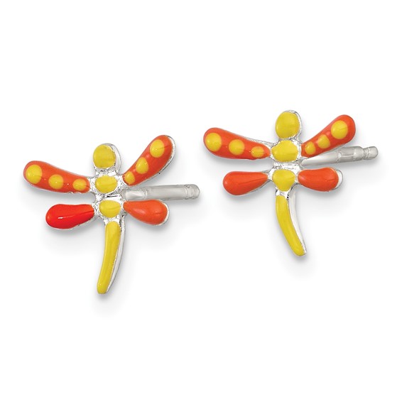 Sterling Silver Polished Yellow and Orange Enameled Dragonfly Childrens Post Earrings