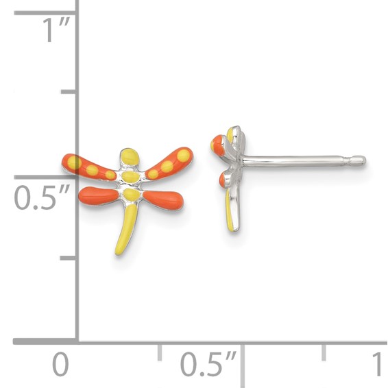 Sterling Silver Polished Yellow and Orange Enameled Dragonfly Childrens Post Earrings