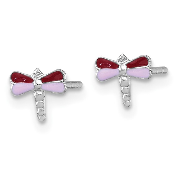 Sterling Silver Madi K Rhodium-plated Enameled Red And Pink Dragonfly Childrens Post Earrings