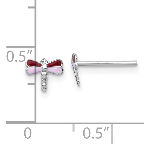 Sterling Silver Madi K Rhodium-plated Enameled Red And Pink Dragonfly Childrens Post Earrings