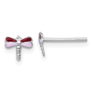 Sterling Silver Madi K Rhodium-plated Enameled Red And Pink Dragonfly Childrens Post Earrings