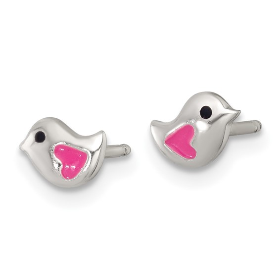 Sterling Silver Polished Pink and Black Enameled Heart Bird Childrens Post Earrings