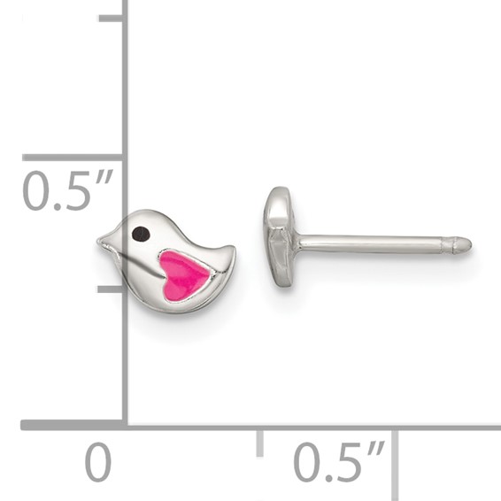 Sterling Silver Polished Pink and Black Enameled Heart Bird Childrens Post Earrings