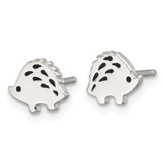 Sterling Silver Polished Black Enameled Porcupine Childrens Post Earrings