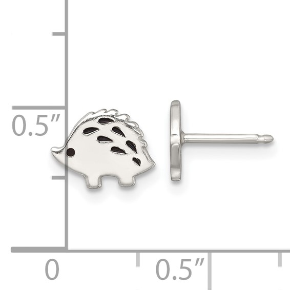 Sterling Silver Polished Black Enameled Porcupine Childrens Post Earrings