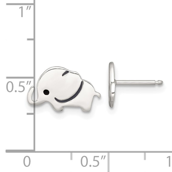 Sterling Silver Polished Black Enameled Elephant Childrens Post Earrings