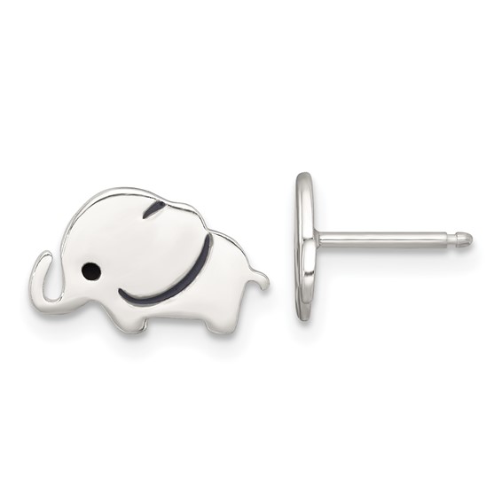 Sterling Silver Polished Black Enameled Elephant Childrens Post Earrings
