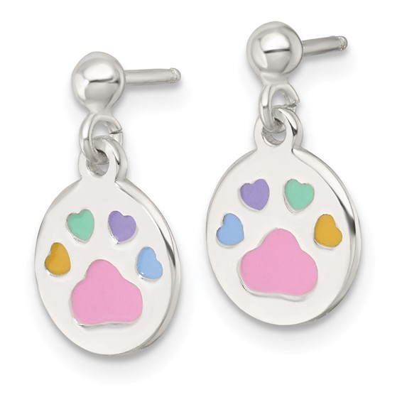 Sterling Silver Polished Enameled Multi-color Heart Pawprint Childrens Post Dangle Earrings