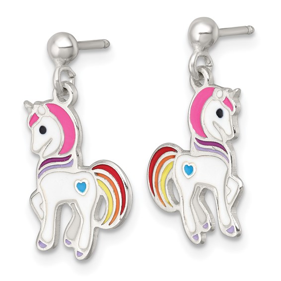 Sterling Silver Polished White and Rainbow Enameled Unicorn Childrens Post Dangle Earrings